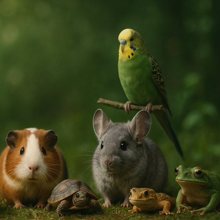 Eine Gruppe kleiner Tiere: Meerschweinchen, Maus, Schildkröte, Frosch und ein Wellensittich.
