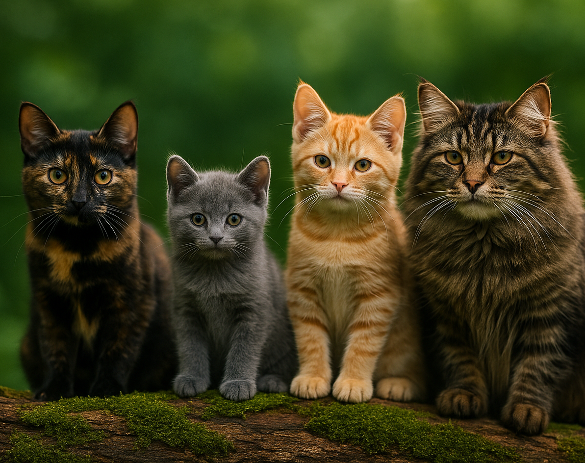 Katzen Grafik Vier Katzen unterschiedlichen Rassen und Farben stehen nebeneinander auf einem Baumstamm.