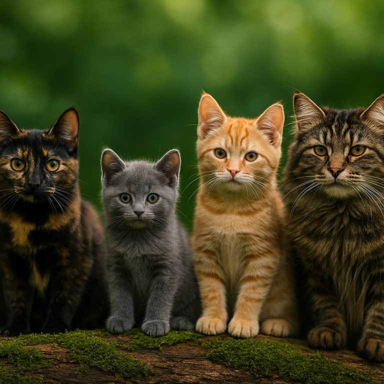 Vier Katzen sitzen nebeneinander auf einem Baumstamm vor unscharfem grünem Hintergrund.