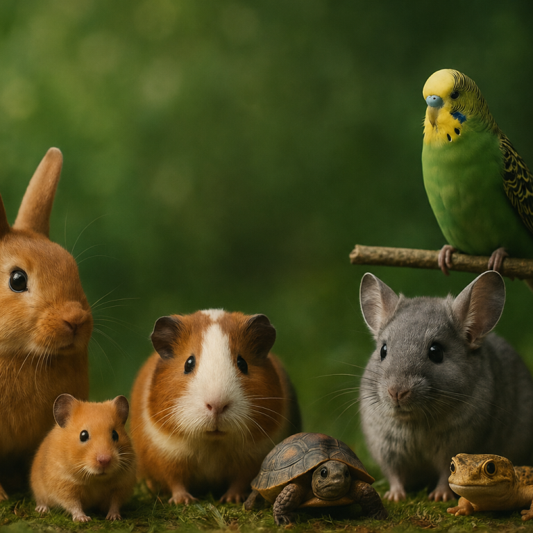 Eine Gruppe kleiner Tiere: Meerschweinchen, Maus, Schildkröte, Frosch und ein Wellensittich.