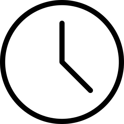 Schwarz-weißes Symbol einer Uhr mit Stunden- und Minutenzeiger.