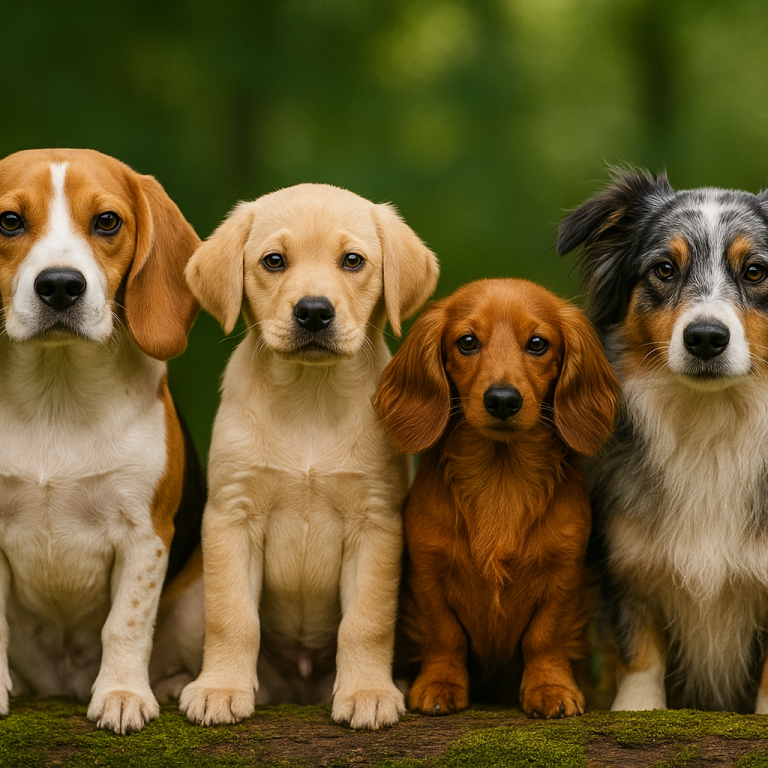 Vier Hunde: ein Beagle, ein Labrador, ein Dackel und ein Australian Shepherd.