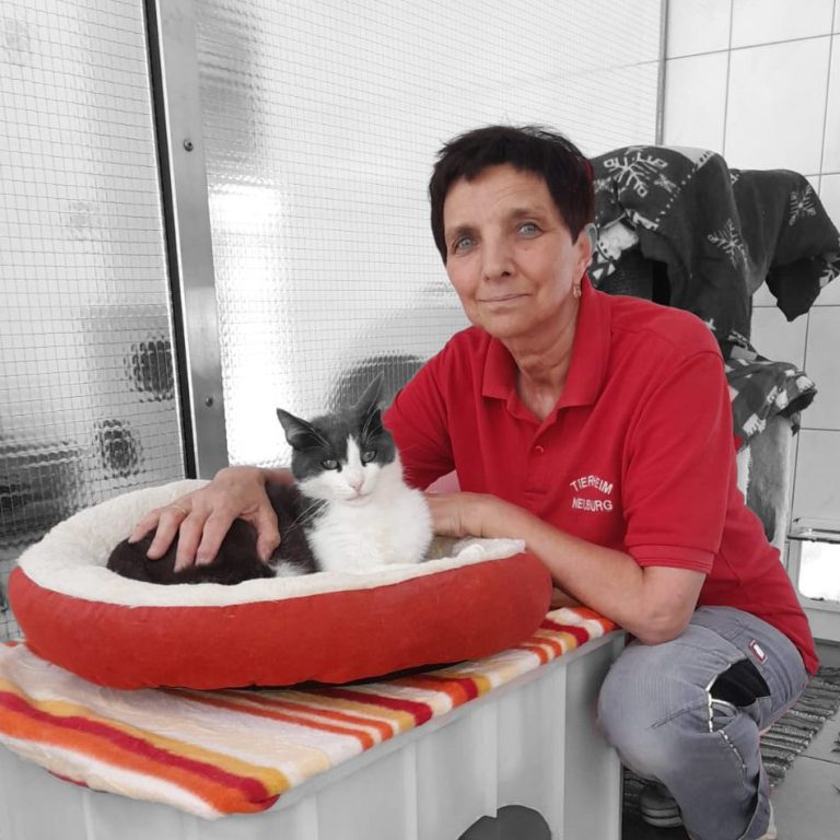 Gabi Josefiok Eine Person in rotem Shirt sitzt neben einer Katze in einem Katzenbett.