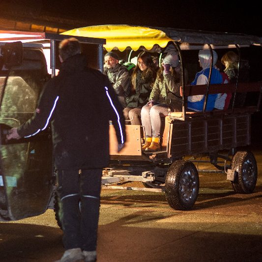 Nacht im Tierheim Eine Gruppe von Personen sitzt in einem Wagen, während eine Person den Wagen öffnet.